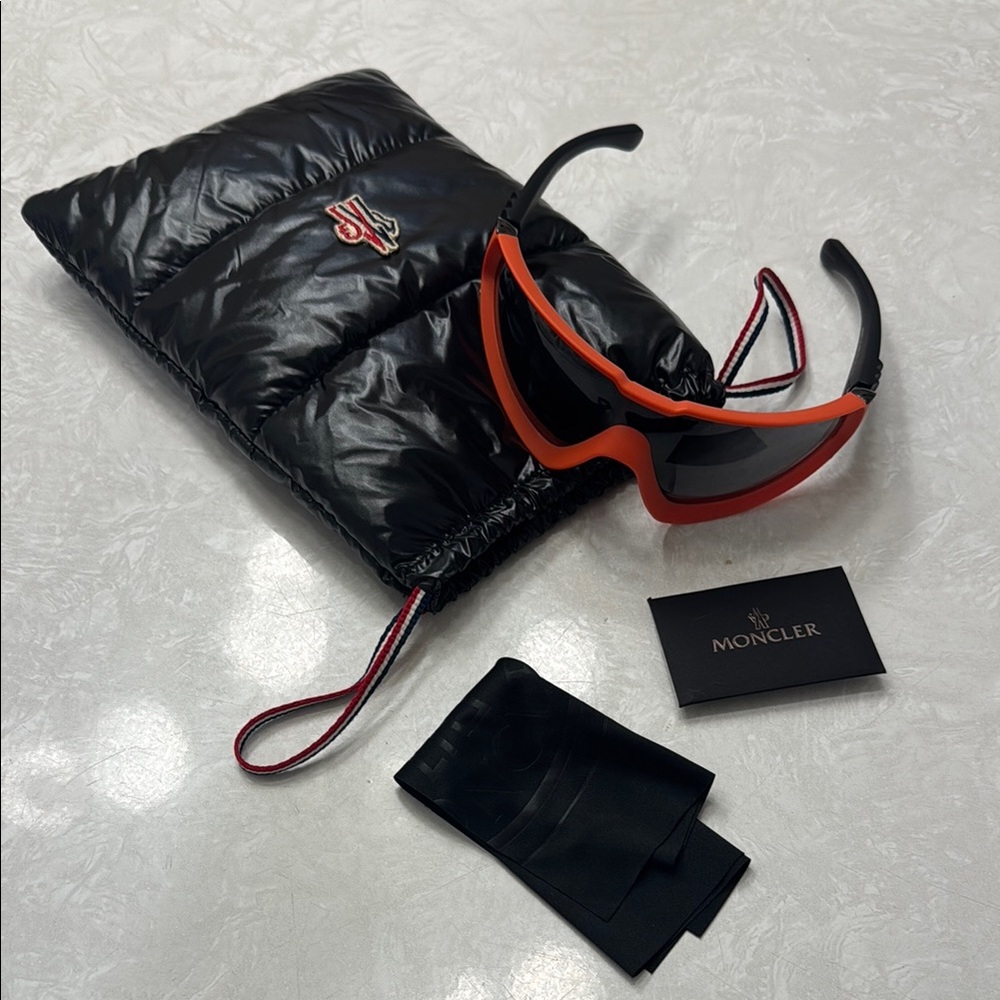 Moncler Orange and Black Sunglasses with Puffer Pouch